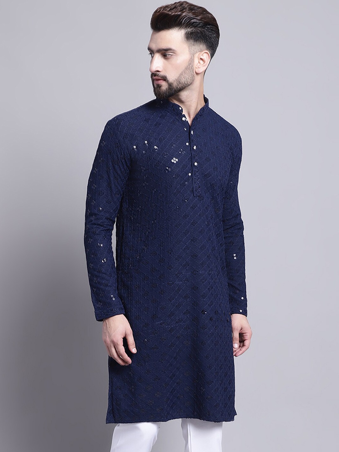 

SOJANYA Geometric Embroidered Sequence Mandarin Collar Pure Cotton Kurta, Navy blue