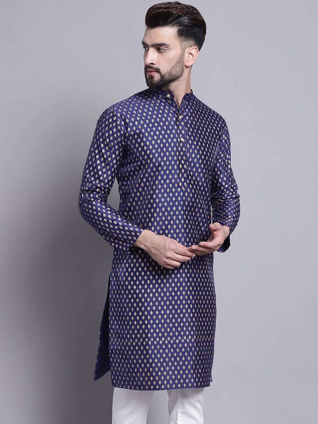 

SOJANYA Ethnic Motifs Printed Mandarin Collar Straight Kurta, Navy blue