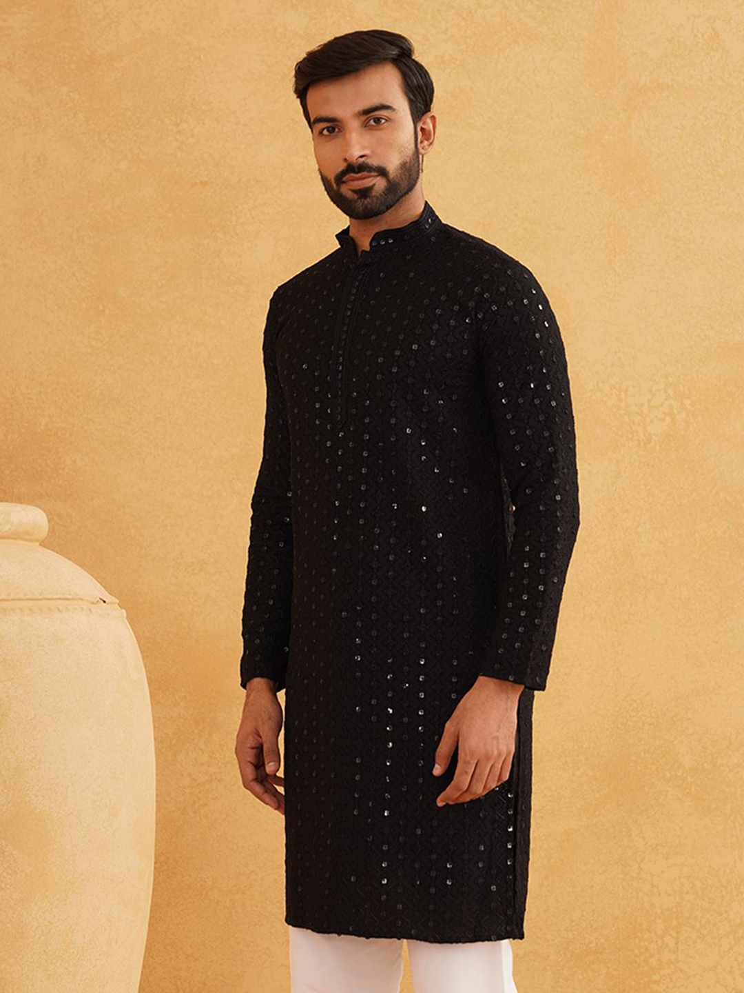

SOJANYA Embellished Mandarin Collar Sequinned Pure Cotton Kurta, Black