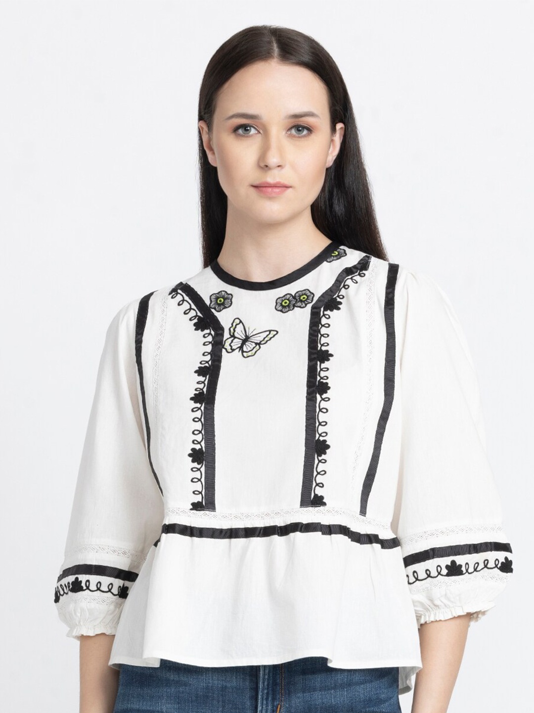 

SHAYE Embroidered Pure Cotton Peplum Top, White