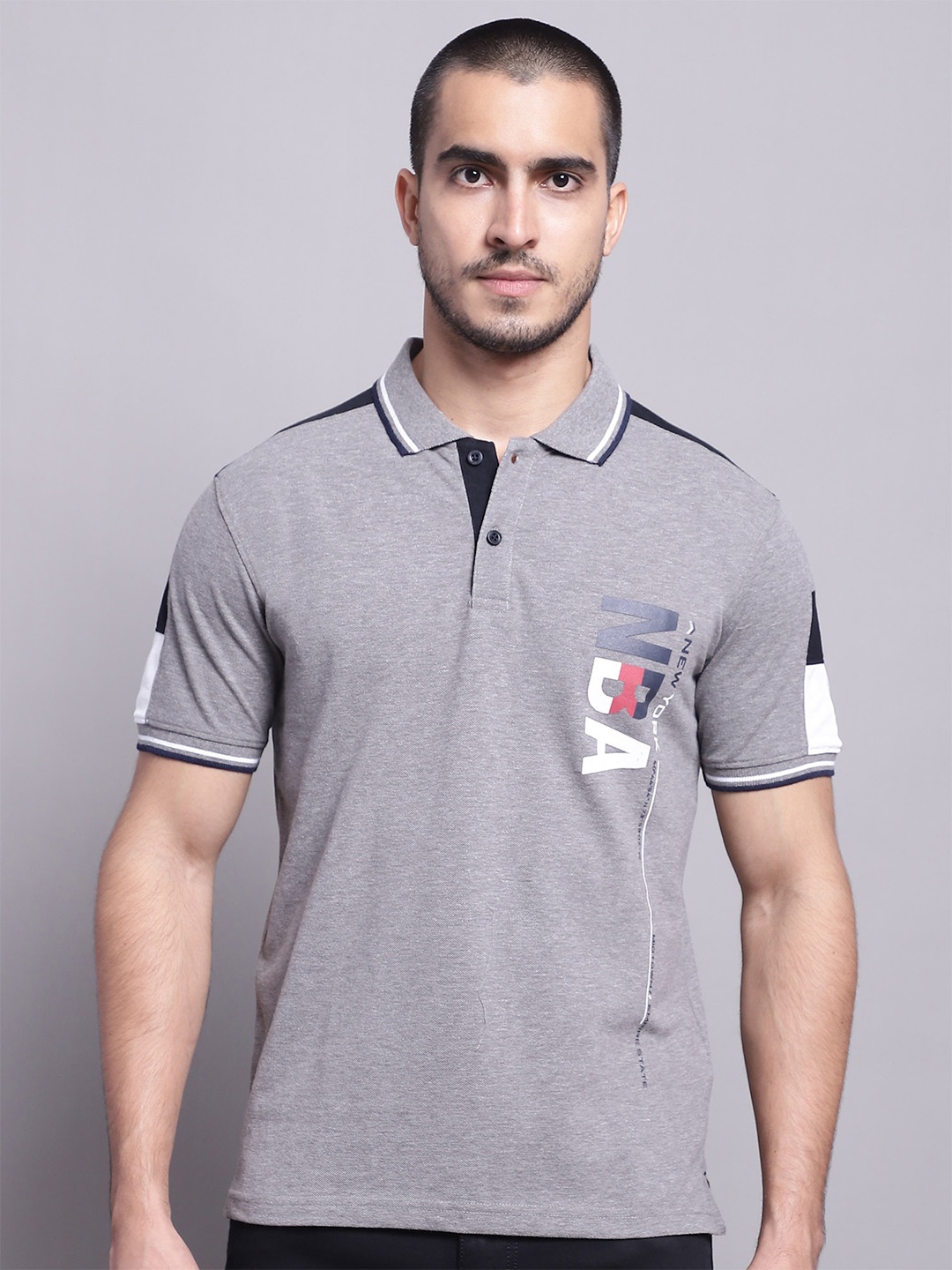 

Cantabil Typography Printed Polo Collar Cotton T-shirt, Grey