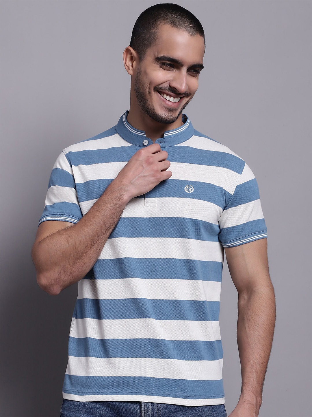 

Cantabil Striped Band Collar Cotton Regular T-shirt, White