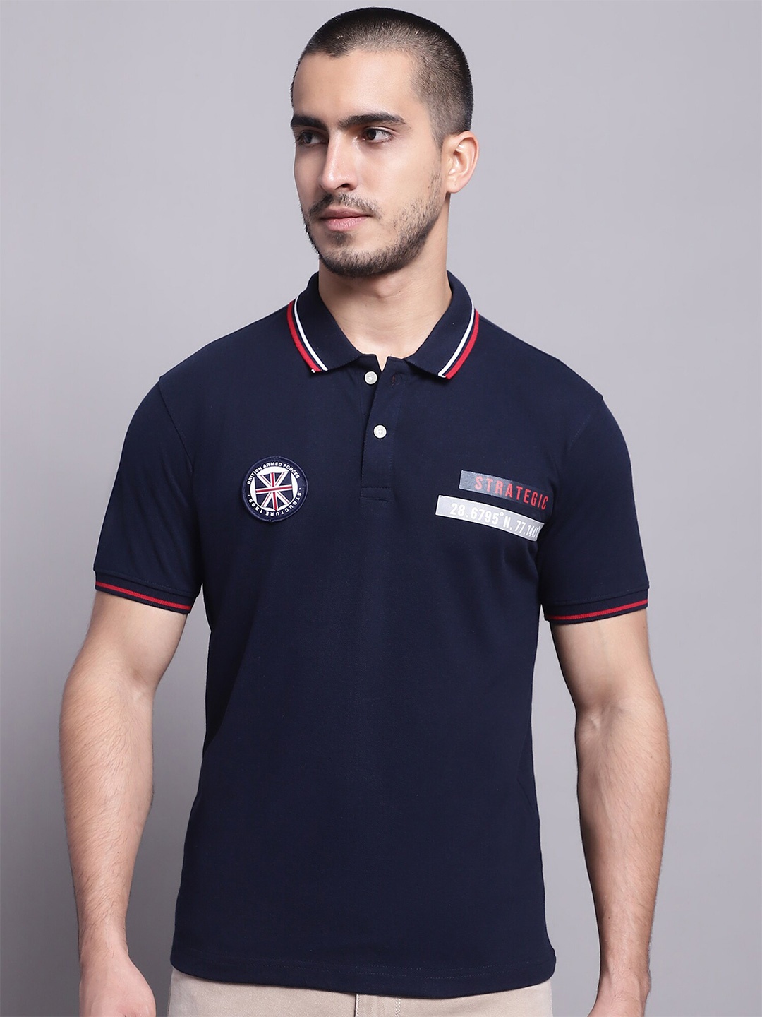 

Cantabil Typography Printed Polo Collar Cotton T-shirt, Navy blue