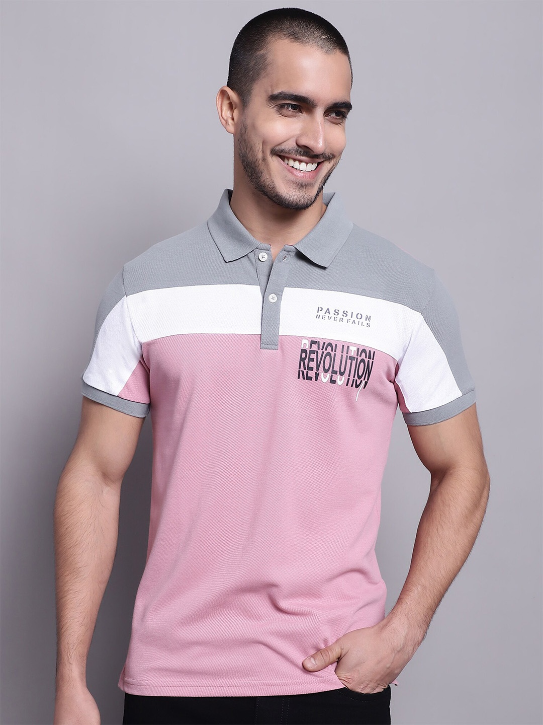 

Cantabil Colourblocked Typography Printed Polo Collar Cotton T-shirt, Grey