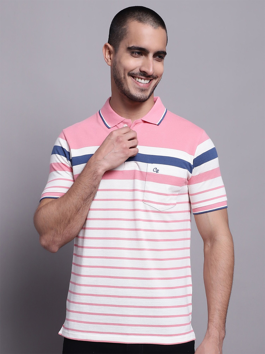 

Cantabil Striped Printed Polo Collar Cotton T-shirt, White