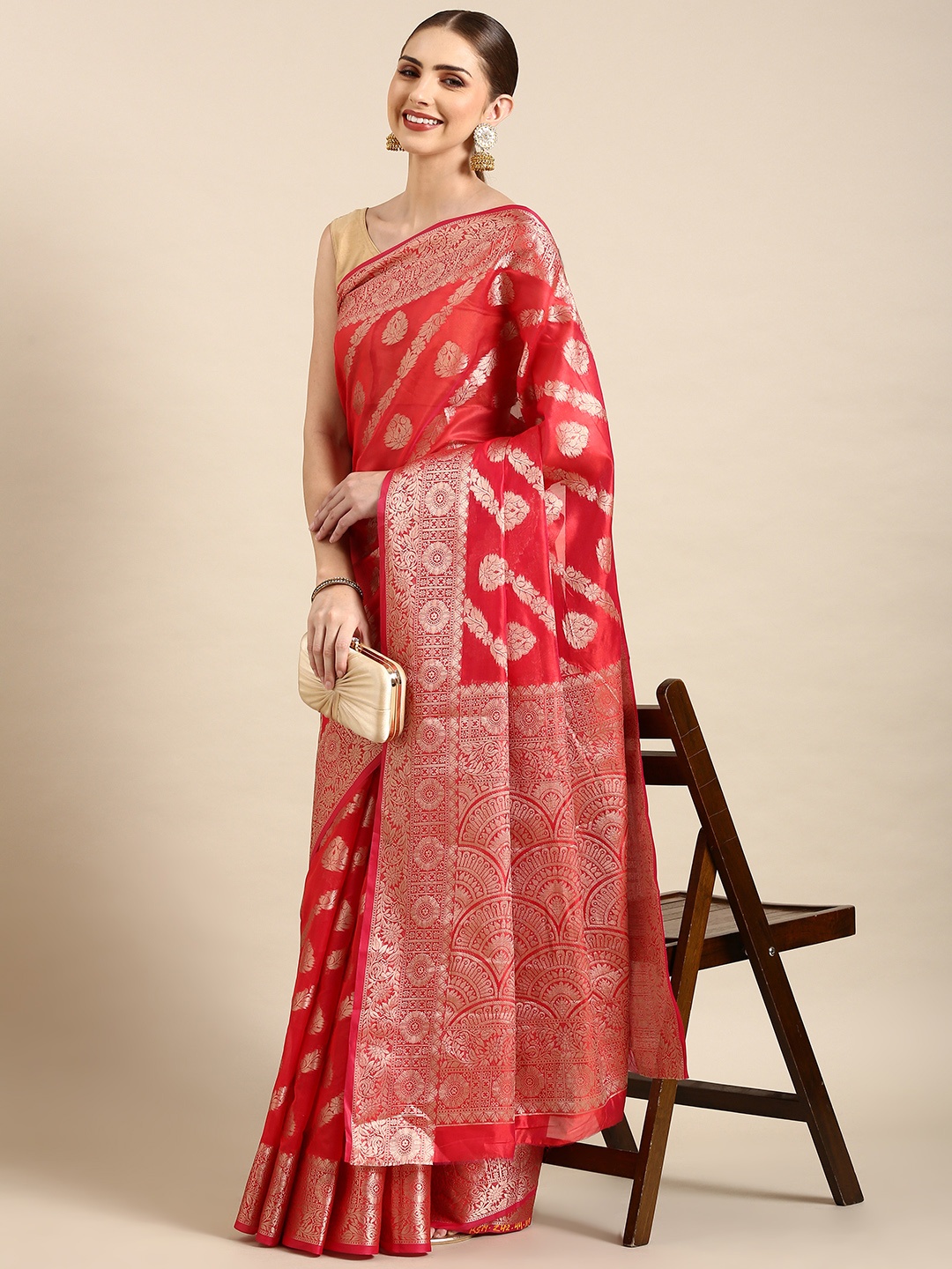 

Mitera Ethnic Motifs Zari Organza Kanjeevaram Saree, Red