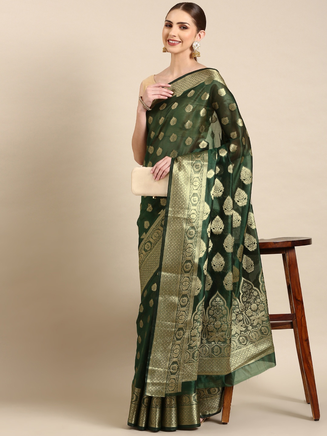 

Mitera Ethnic Motifs Zari Organza Kanjeevaram Saree, Green