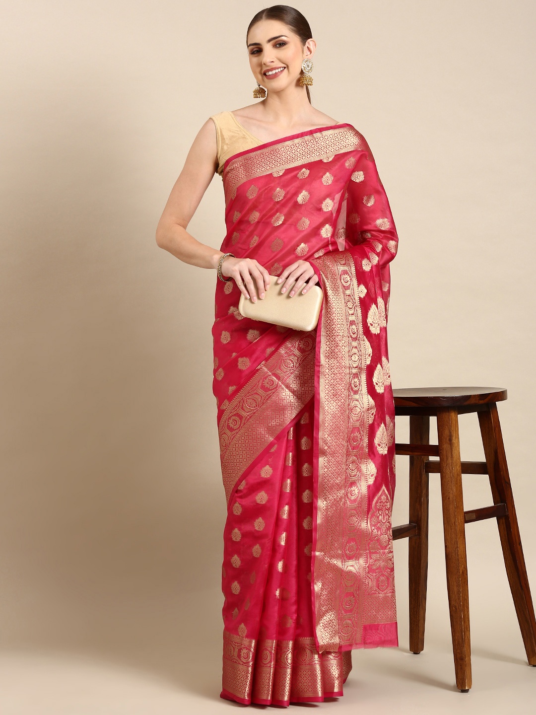 

Mitera Ethnic Motifs Zari Organza Kanjeevaram Saree, Pink