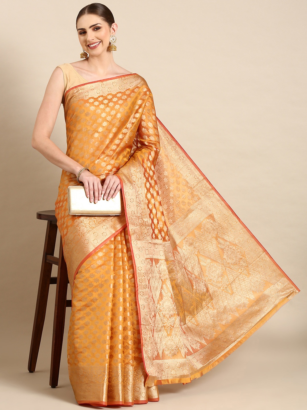 

Mitera Floral Zari Organza Kanjeevaram Saree, Mustard