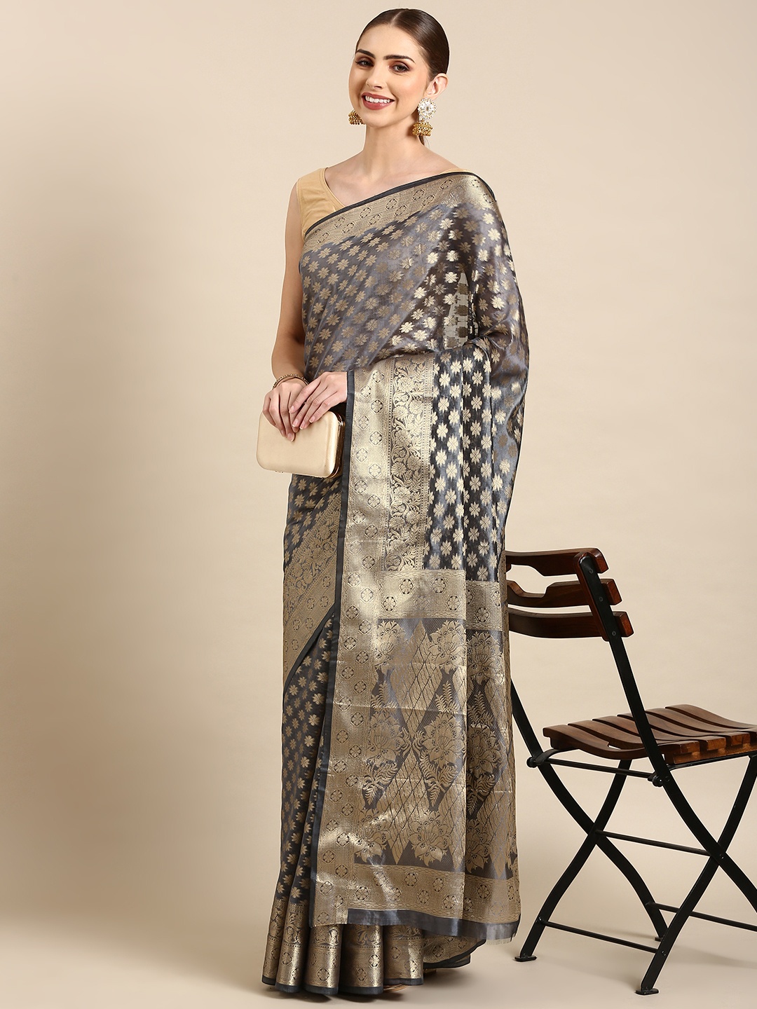 

Mitera Floral Zari Organza Kanjeevaram Saree, Grey