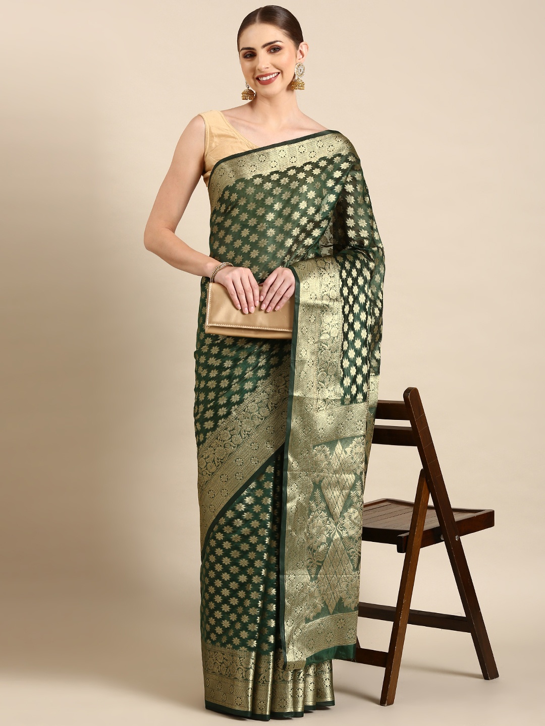 

Mitera Floral Zari Organza Kanjeevaram Saree, Green