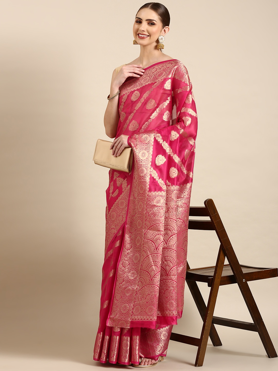 

Mitera Ethnic Motifs Zari Organza Kanjeevaram Saree, Pink