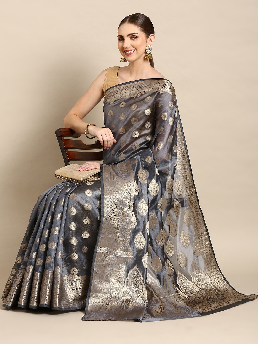 

Mitera Ethnic Motifs Zari Organza Kanjeevaram Saree, Grey