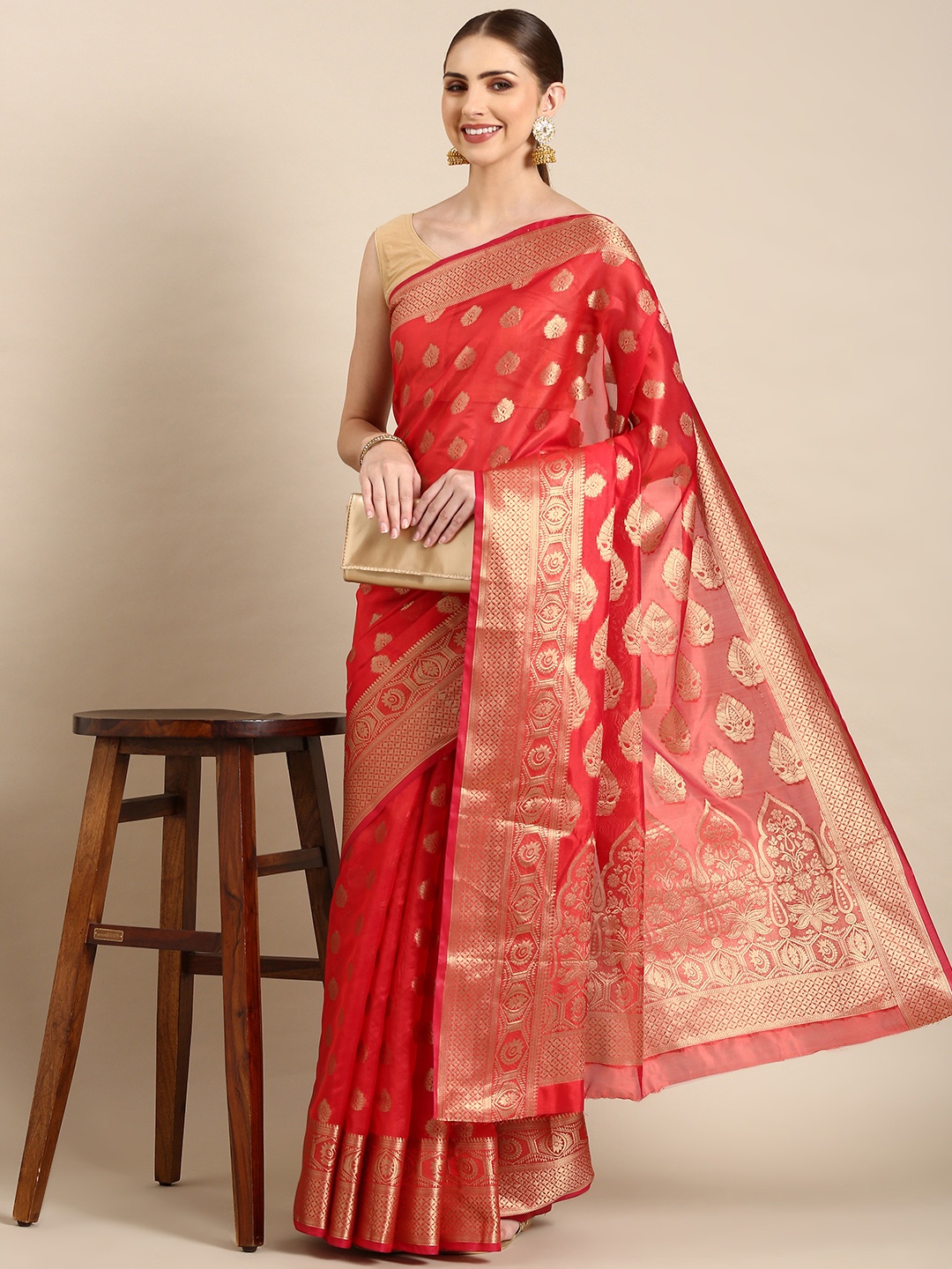 

Mitera Ethnic Motifs Zari Organza Kanjeevaram Saree, Red