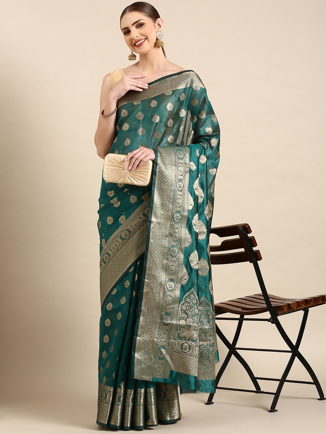 

Mitera Ethnic Motifs Zari Organza Kanjeevaram Saree, Green