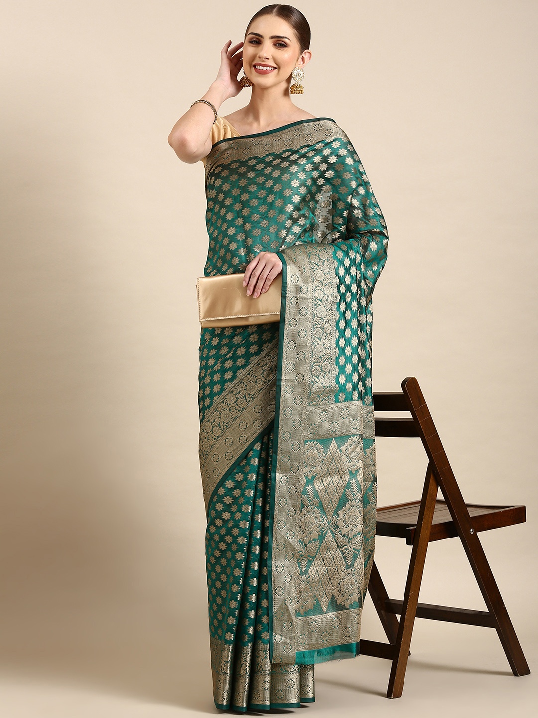 

Mitera Floral Zari Organza Kanjeevaram Saree, Teal