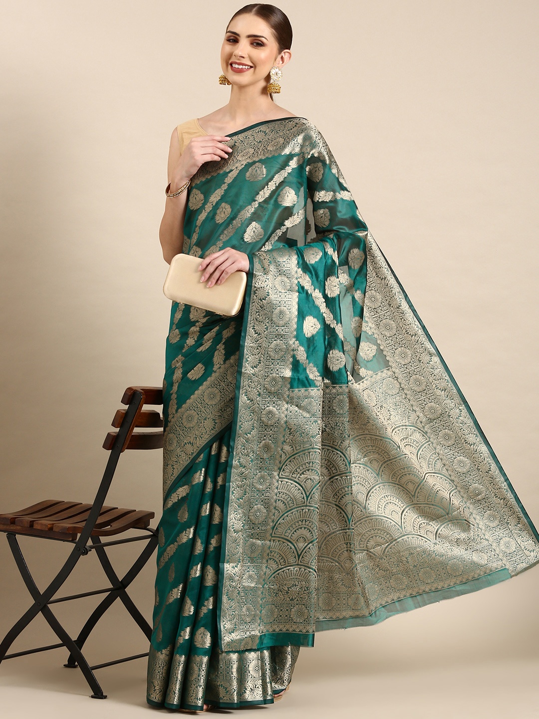 

Mitera Ethnic Motifs Zari Organza Kanjeevaram Saree, Teal