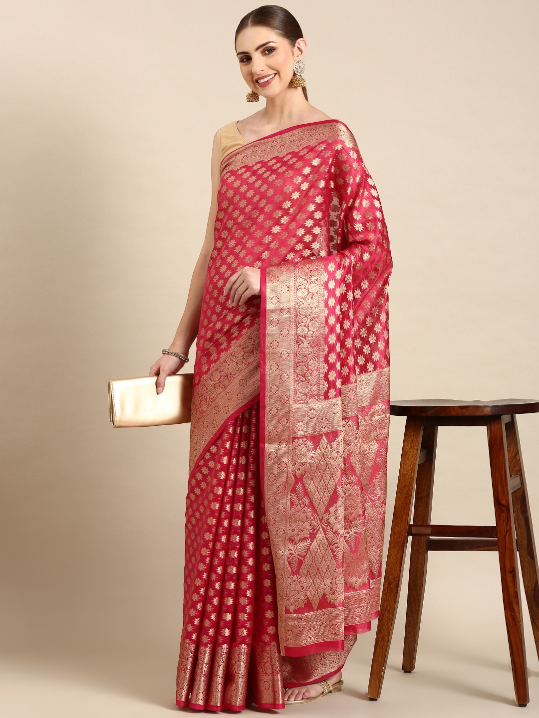 

Mitera Floral Zari Organza Kanjeevaram Saree, Pink