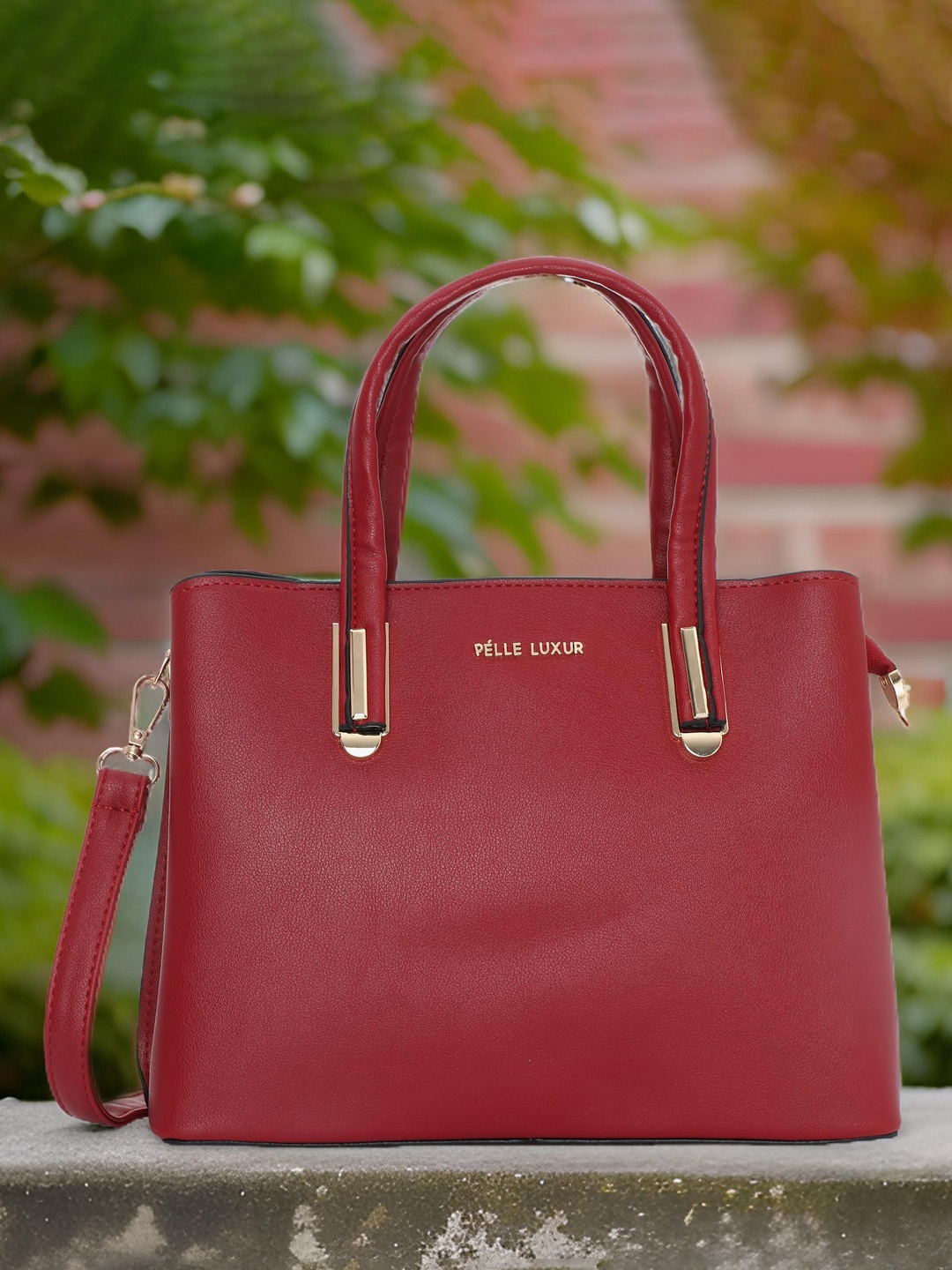 

PELLE LUXUR Colourblocked PU Structured Handheld Bag With Zip Detail, Maroon