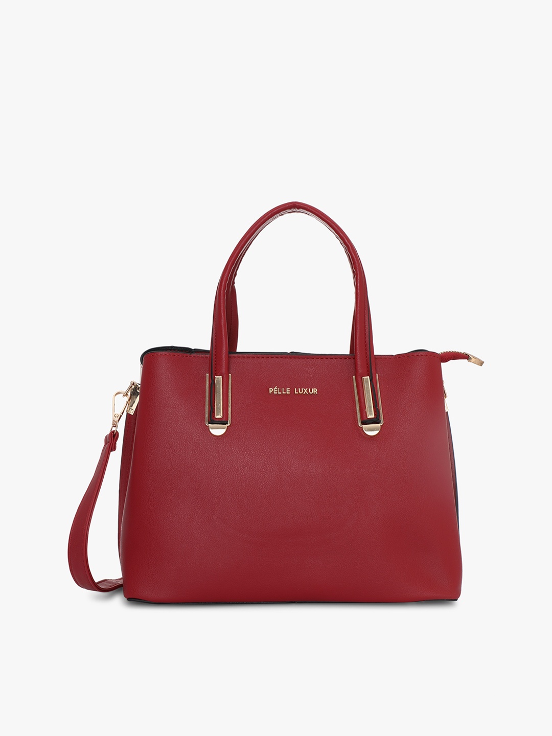 

PELLE LUXUR Colourblocked PU Structured Handheld Bag, Red