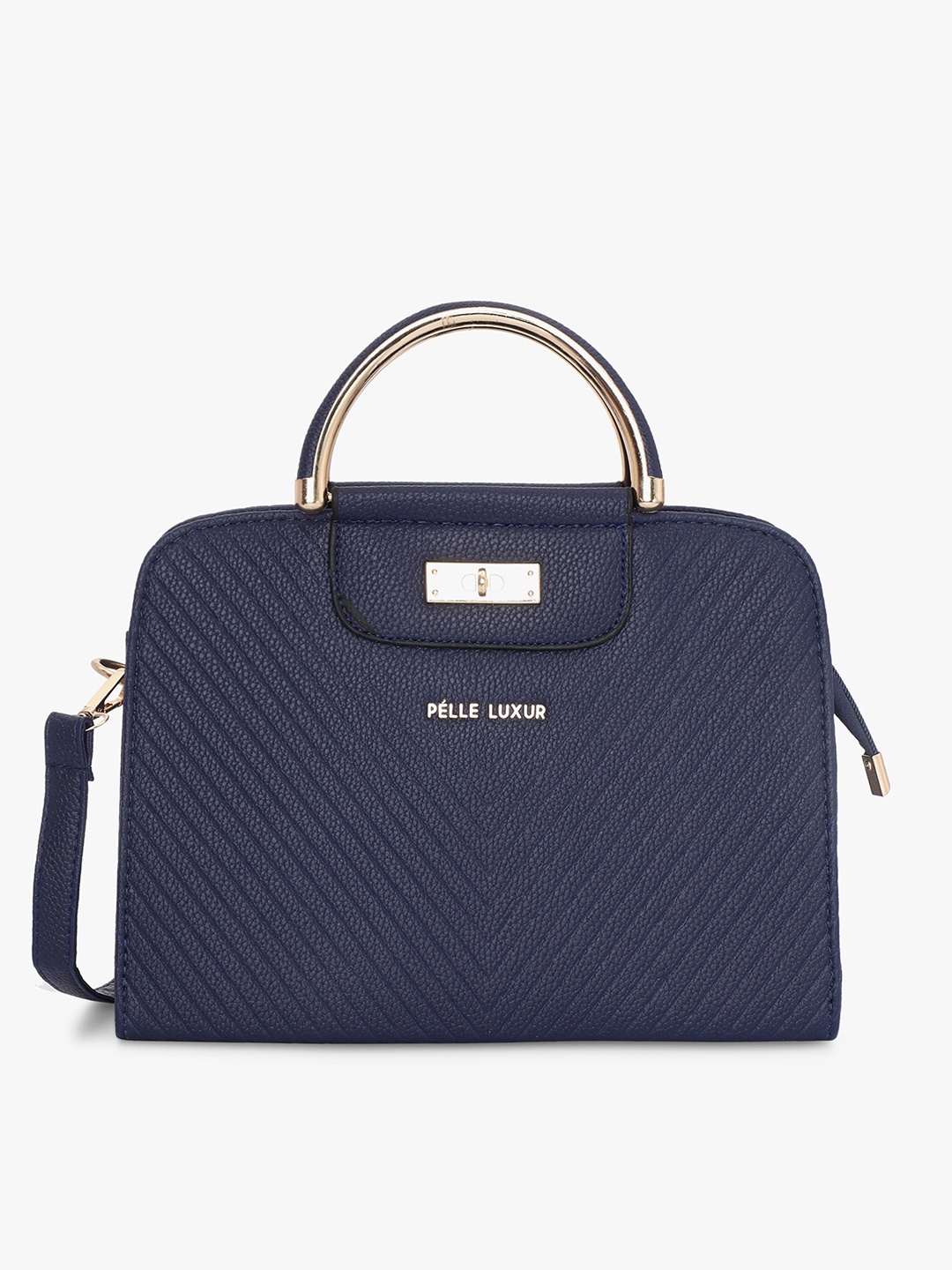 

PELLE LUXUR Textured Structured Handheld Bag With Quilted, Navy blue