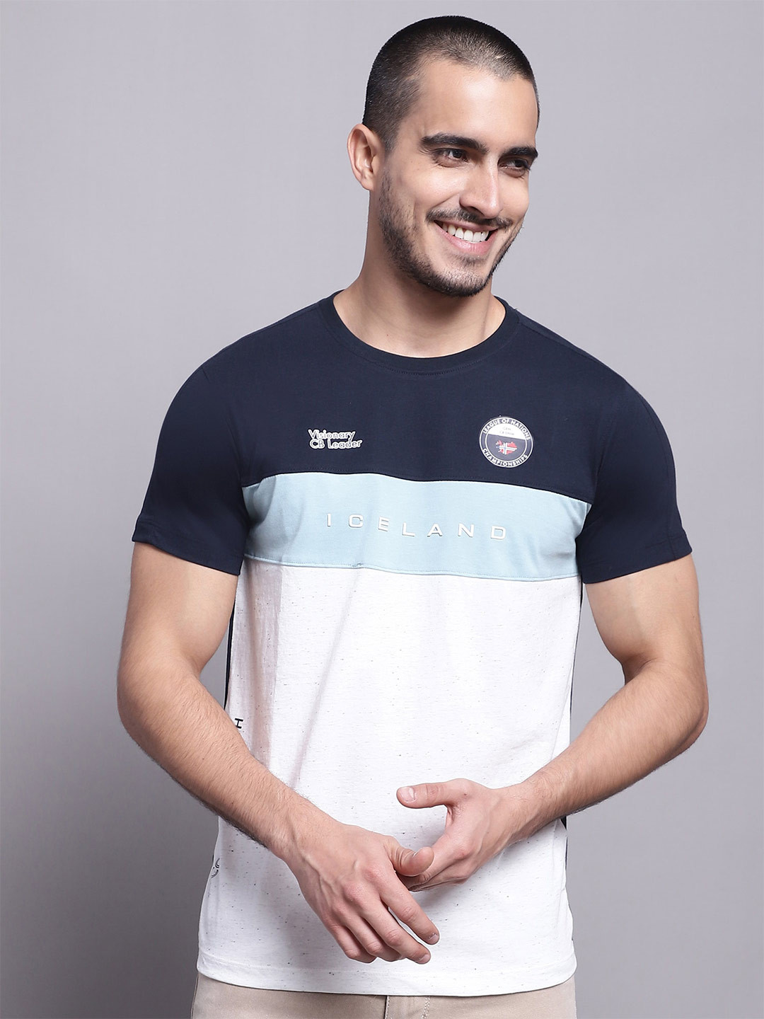 

Cantabil Colourblocked Typography Printed Polo Collar Cotton T-shirt, Navy blue