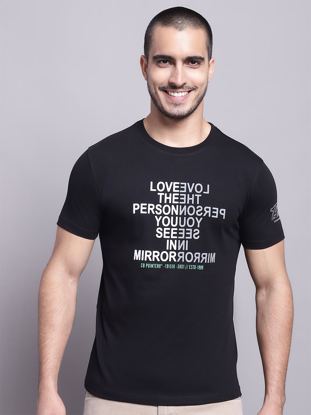 

Cantabil Typography Printed Round Neck Cotton T-shirt, Black