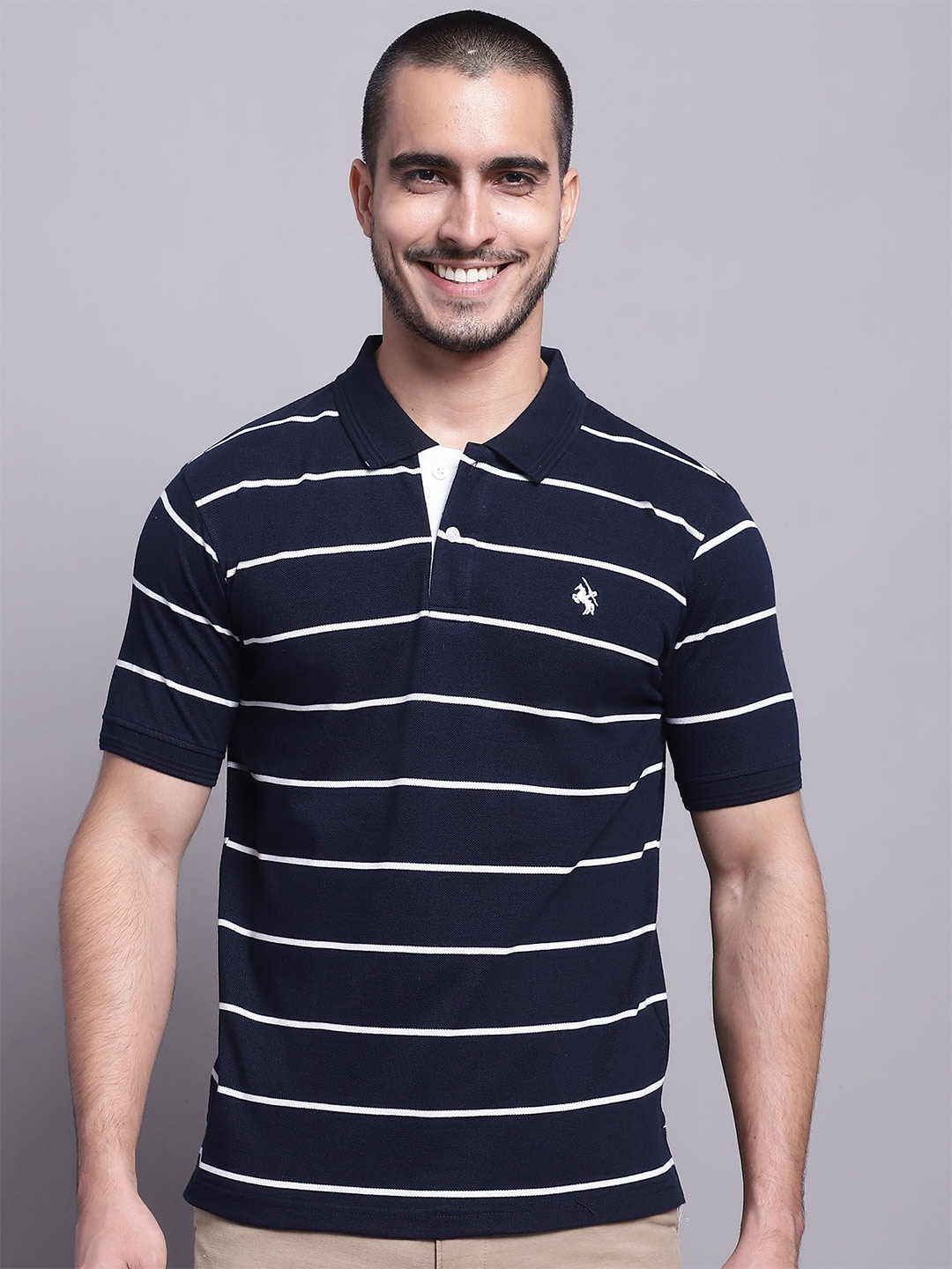 

Cantabil Striped Nautical Polo Collar Regular Fit Cotton T-shirt, Navy blue