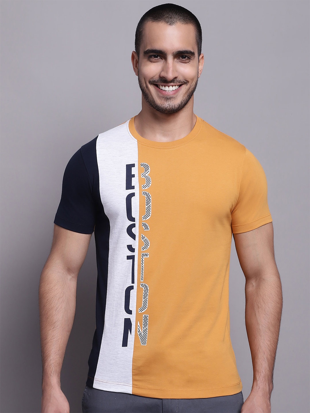 

Cantabil Colourblocked Typography Printed Polo Collar Cotton T-shirt, Mustard