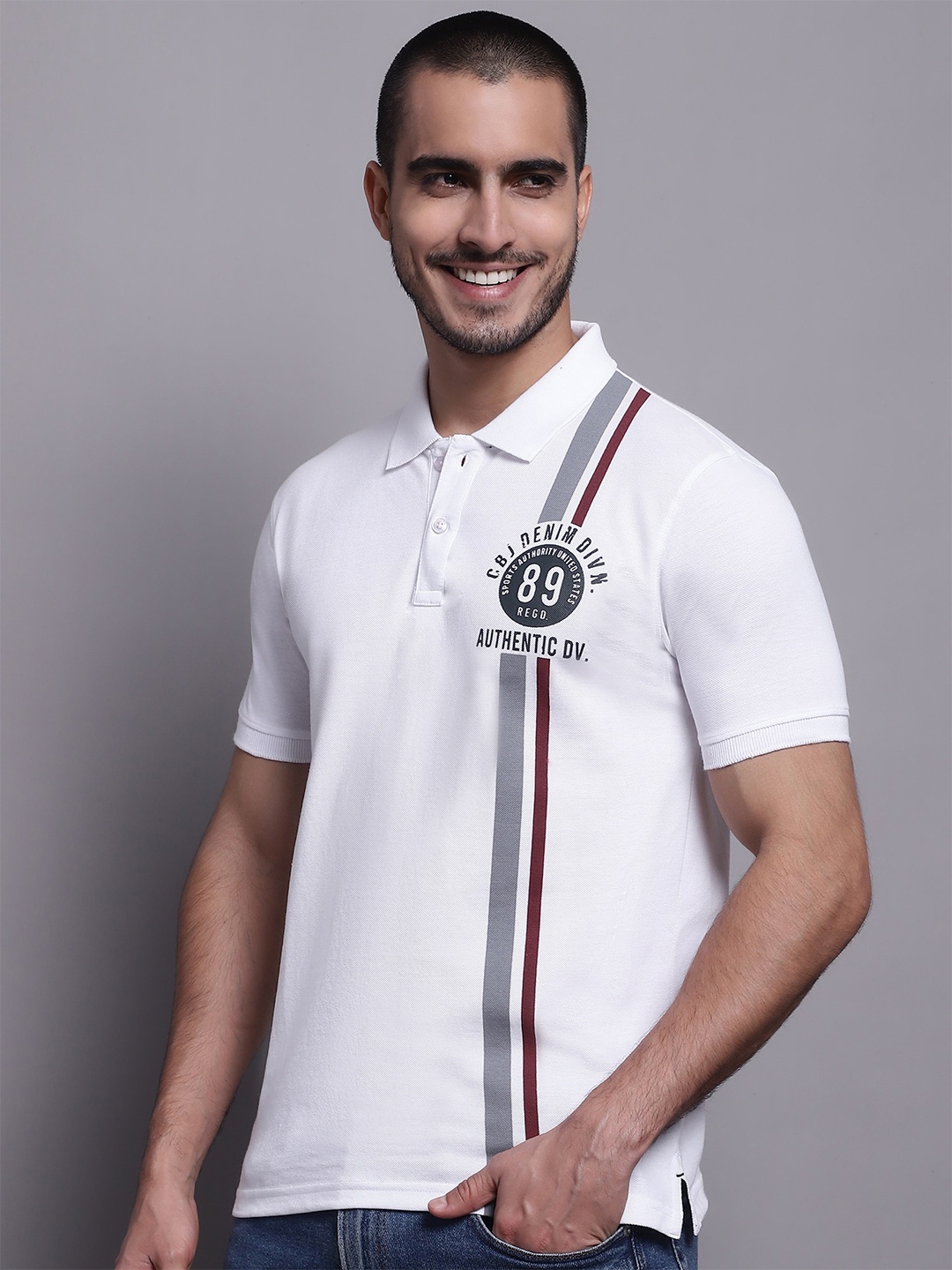Cantabil Typography Printed Polo Collar Cotton T-shirt, White