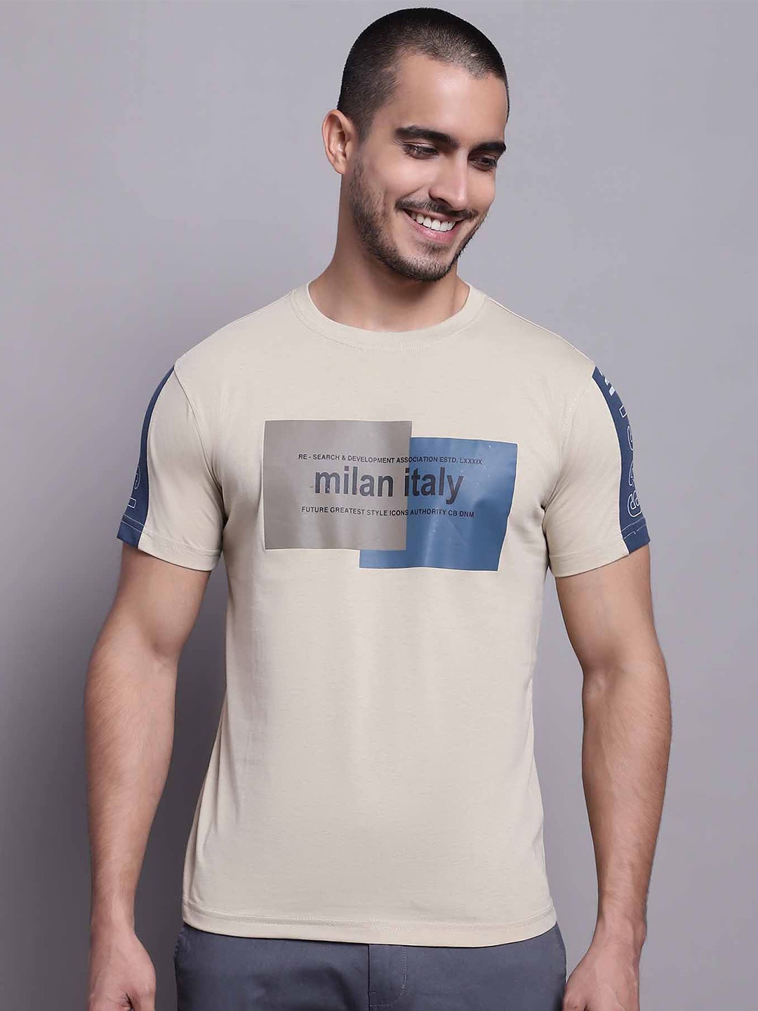 

Cantabil Typography Printed Round Neck Cotton T-shirt, Beige