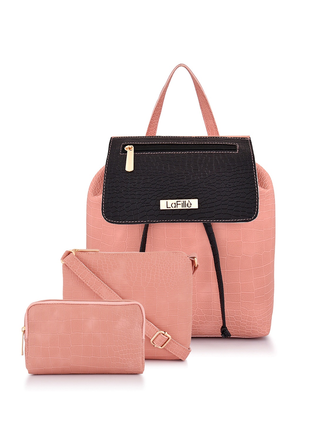 

LaFille Set Of 3 Textured PU Backpack With Wallet & Sling Bag, Peach