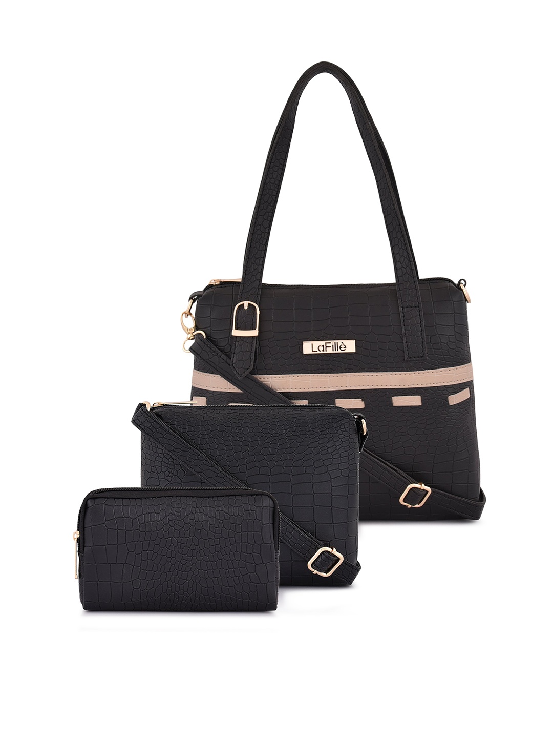 

LaFille Set of 3 Textured Structured Handheld Bag, Black