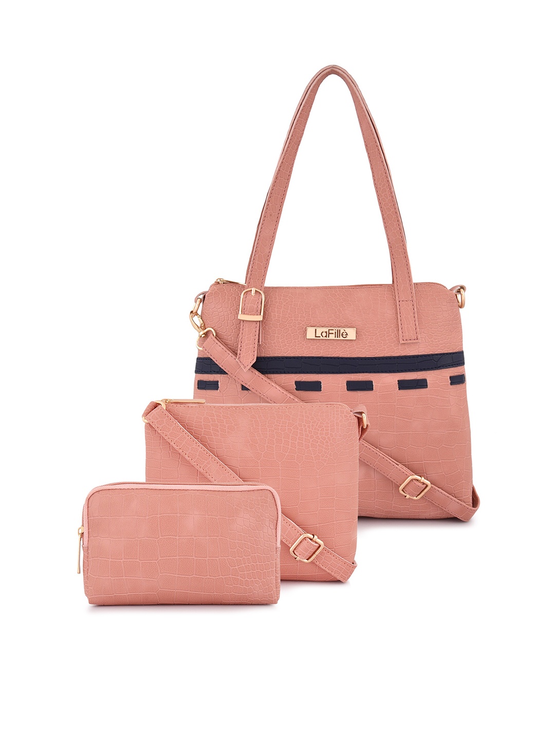 

LaFille Set Of 3 Textured Structured Handheld Sling Bag & Wallet, Peach