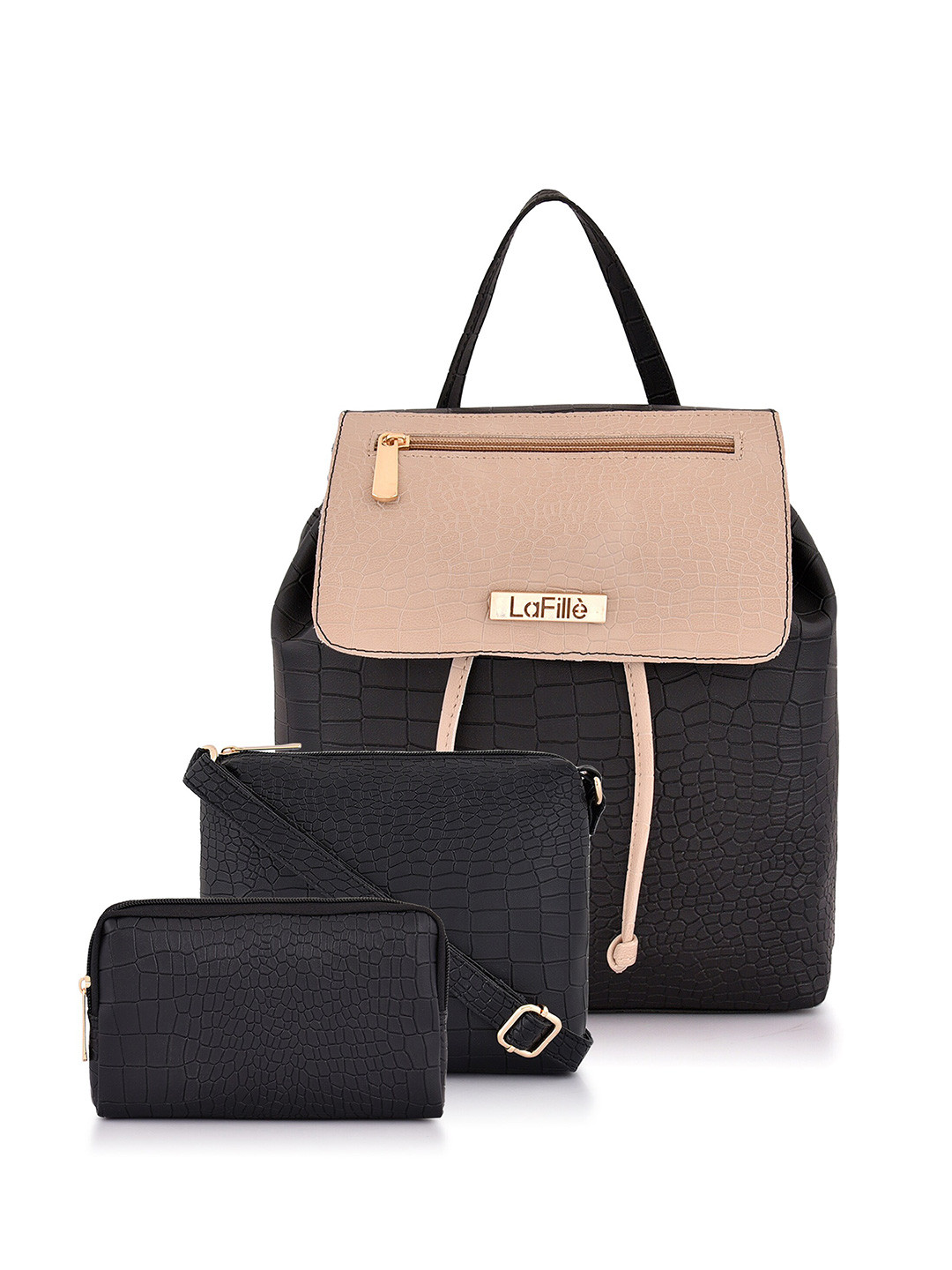 

LaFille Women Set Of 3 Backpack With Sling & Wallet, Black