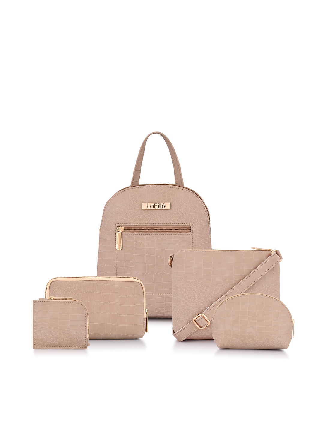 

LaFille Women Set Of 5 Solid Backpack Set, Beige
