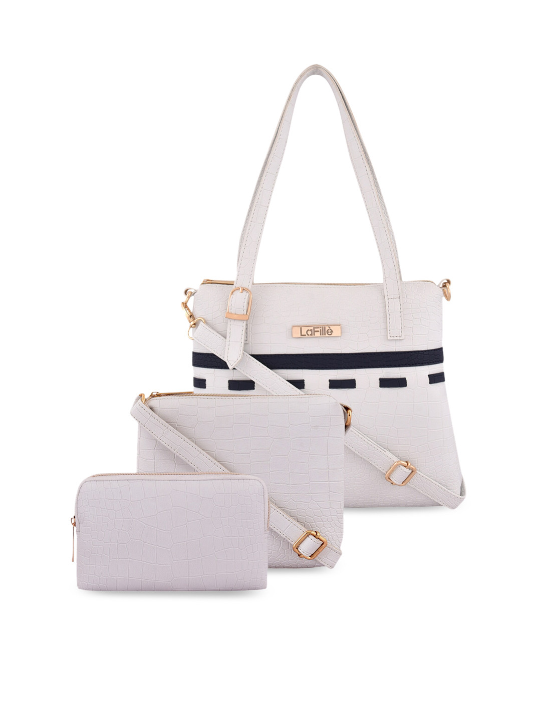 

LaFille Set Of 3 Textured Structured Handheld Sling Bag & Wallet, White