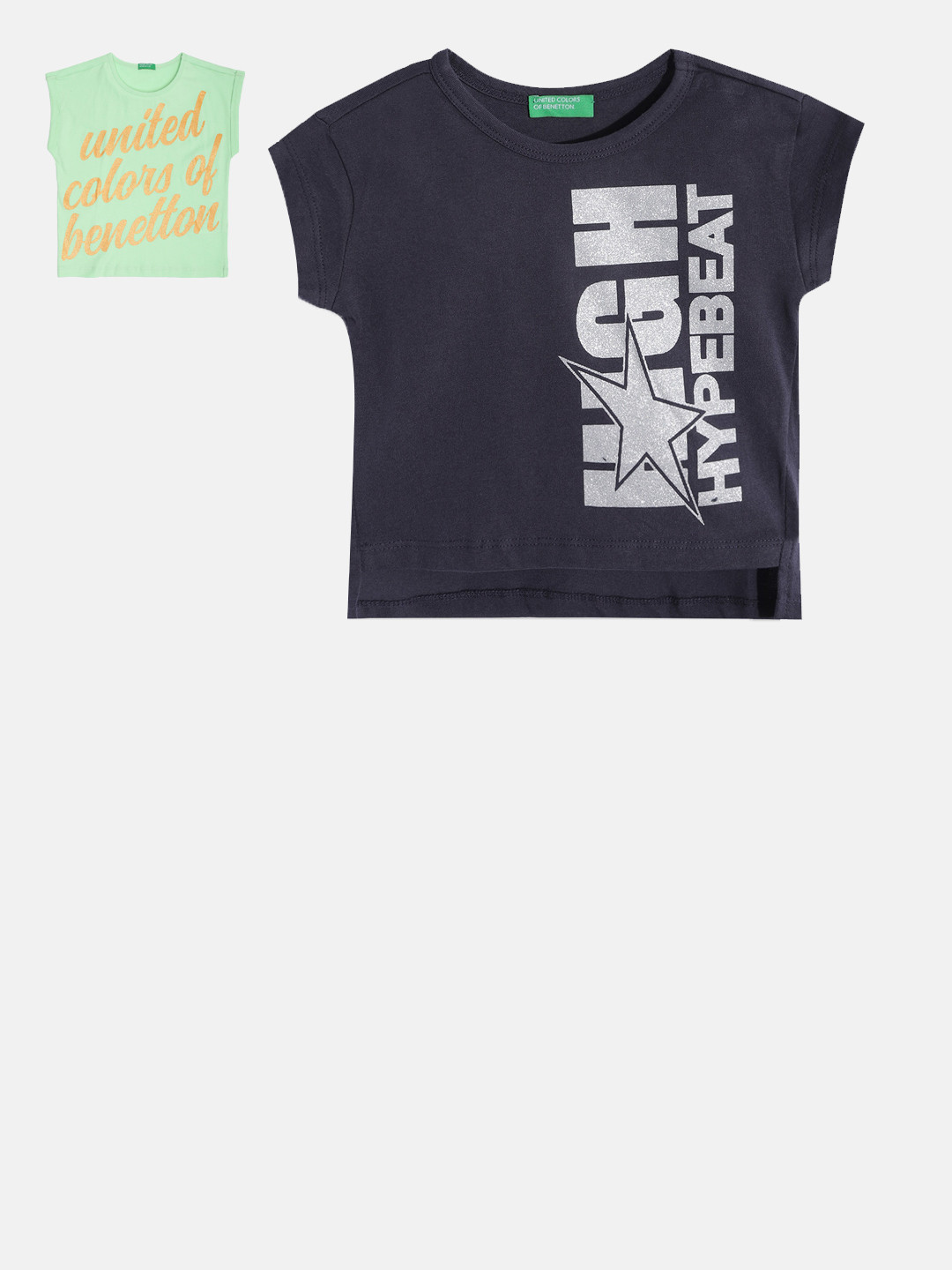 

United Colors of Benetton Girls Pack of 2 Typography Printed Cotton T-shirt, Navy blue