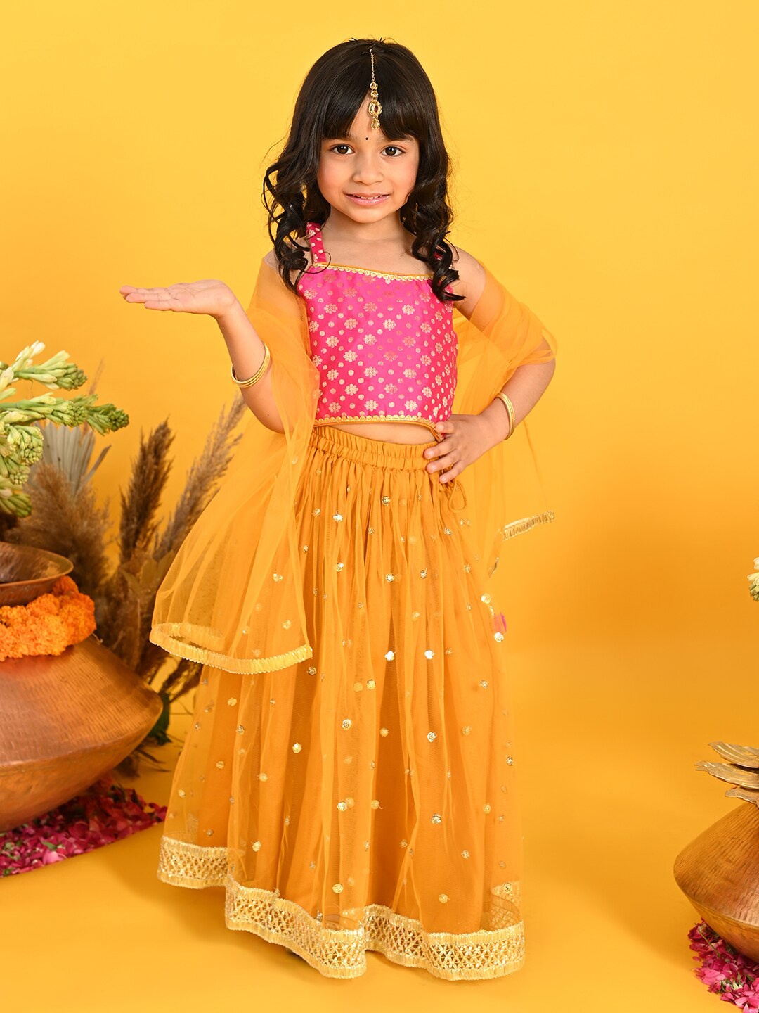

SAKA DESIGNS Girls Mustard & Pink Sequinned Ready to Wear Lehenga & Blouse With Dupatta