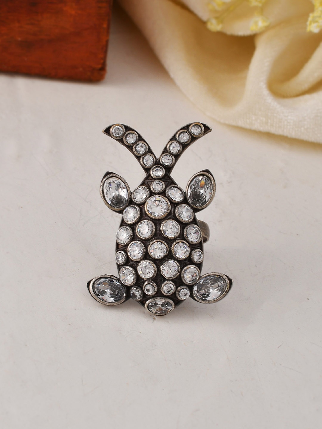 

Ishhaara Brass-Plated Stone-Studded Adjustable Finger Ring, Silver