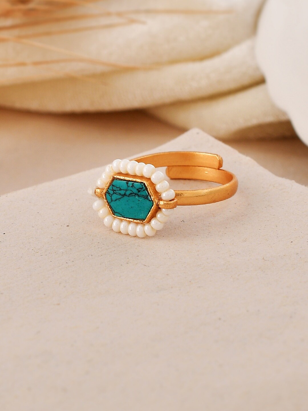 

Ishhaara Brass-Plated Stone-Studded & Beaded Finger Ring, Blue