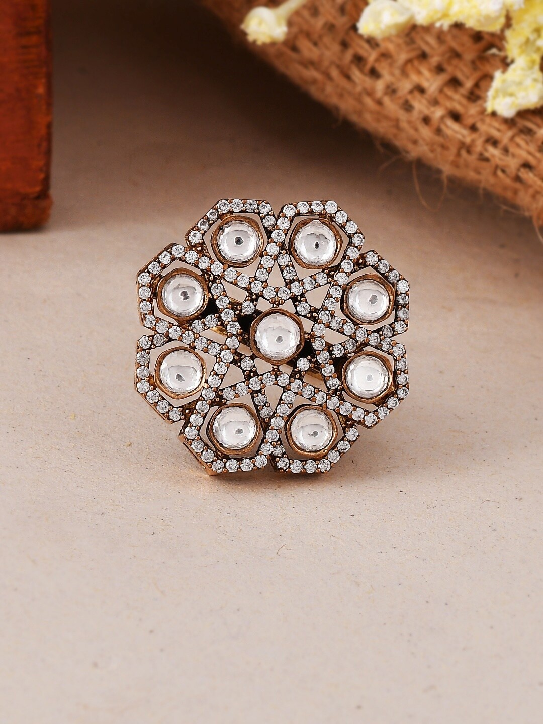 

Ishhaara Brass-Plated Kundan-Studded Adjustable FingerRing, Silver