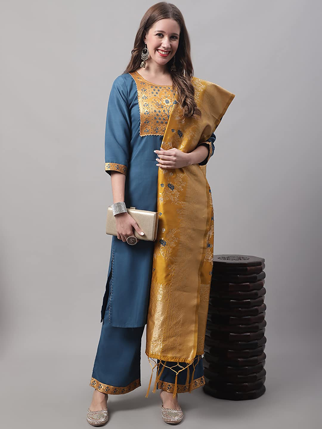 

KALINI Floral Yoke Design Regular Kurta & Palazzos With Dupatta, Blue