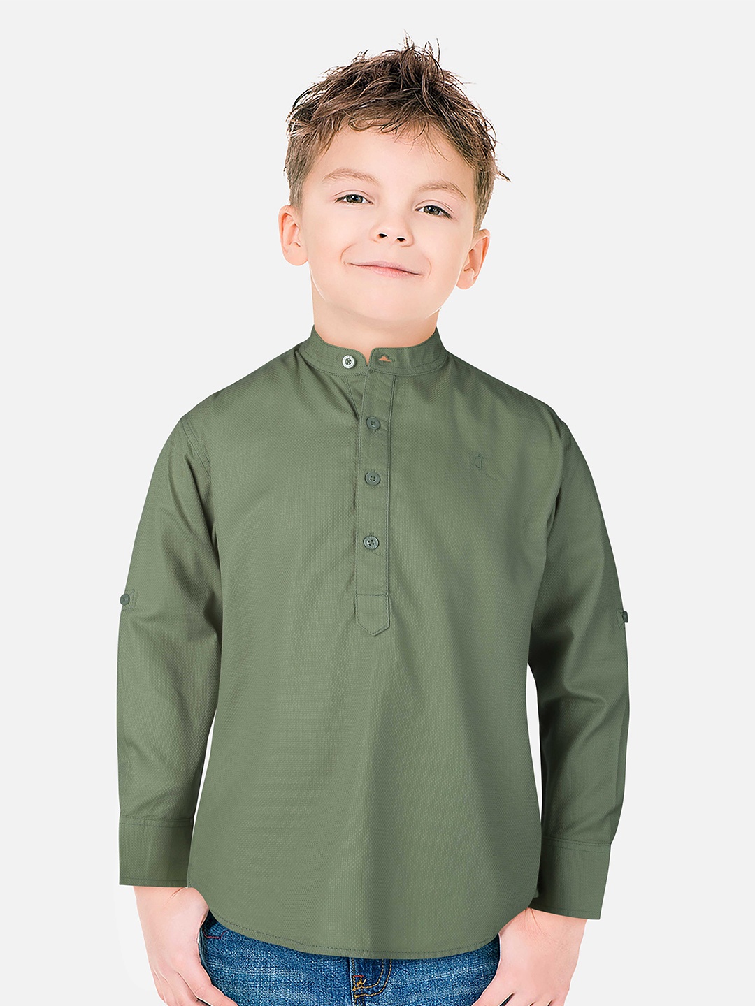 

Gini and Jony Boys Band Collar Cotton Casual Shirt, Olive
