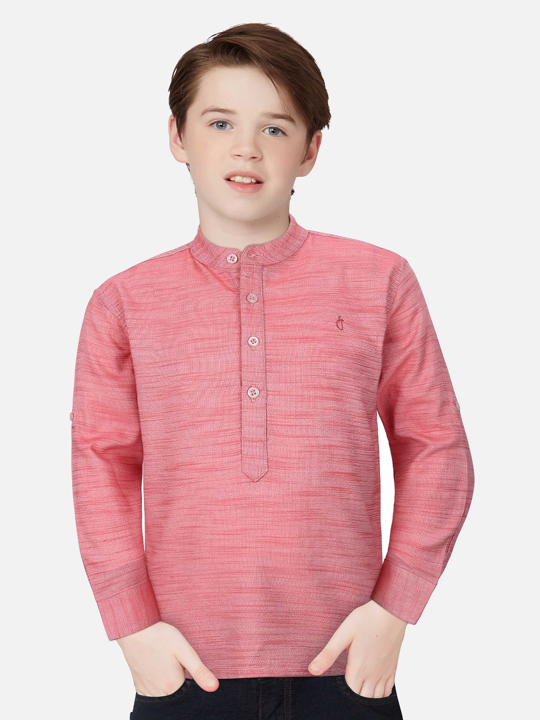 

Gini and Jony Boys Band Collar Half Placket Casual Cotton Shirt, Pink