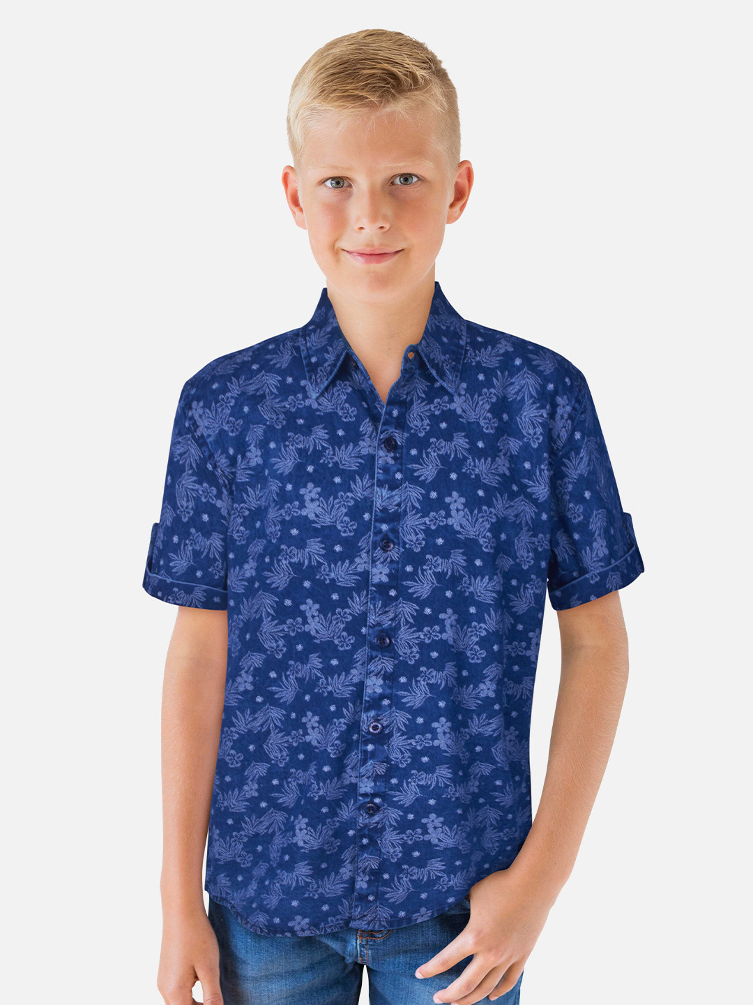 

Gini and Jony Boys Floral Printed Denim Casual Shirt, Blue