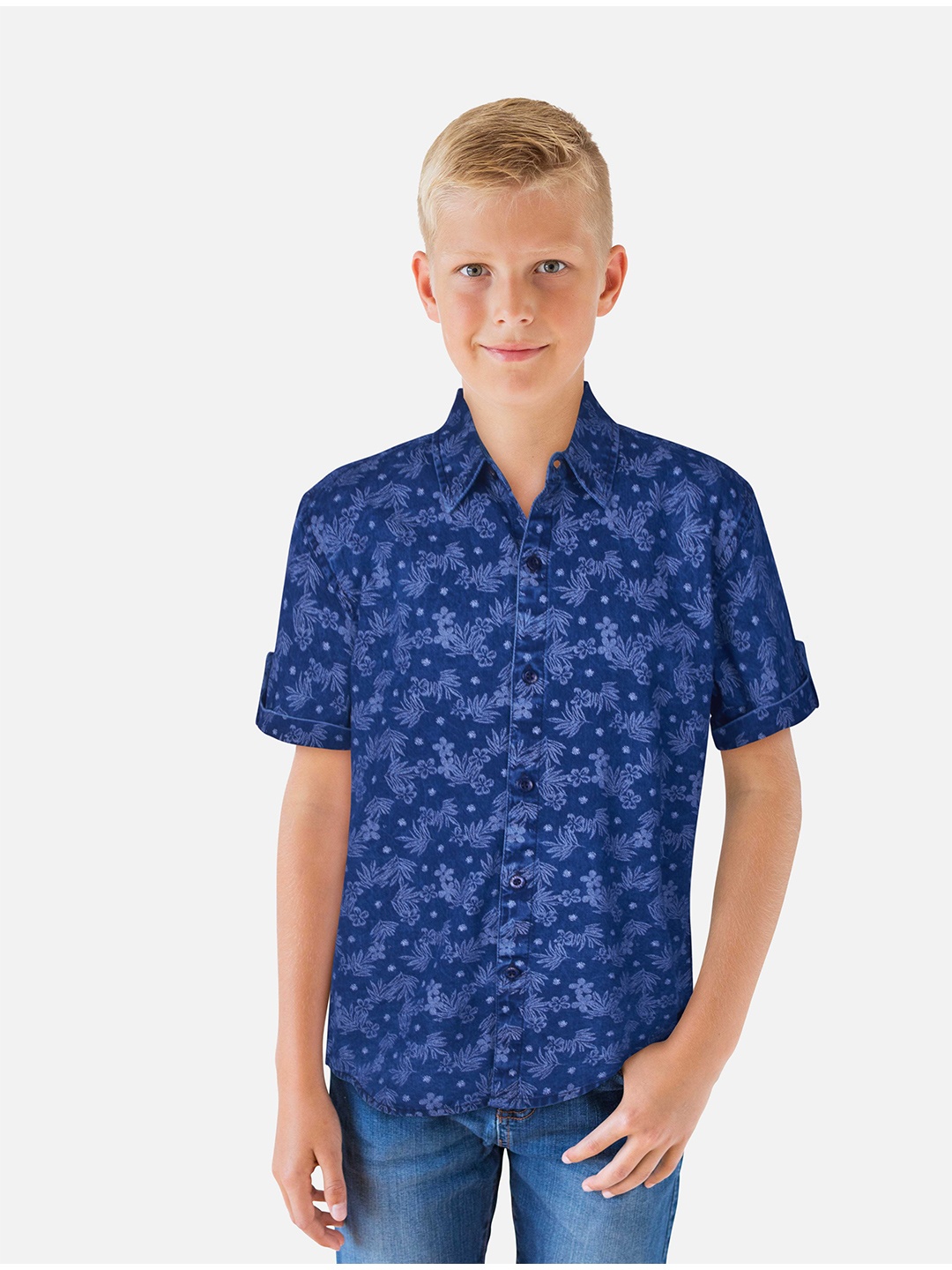 

Gini and Jony Boys Floral Printed Casual Denim Shirt, Blue