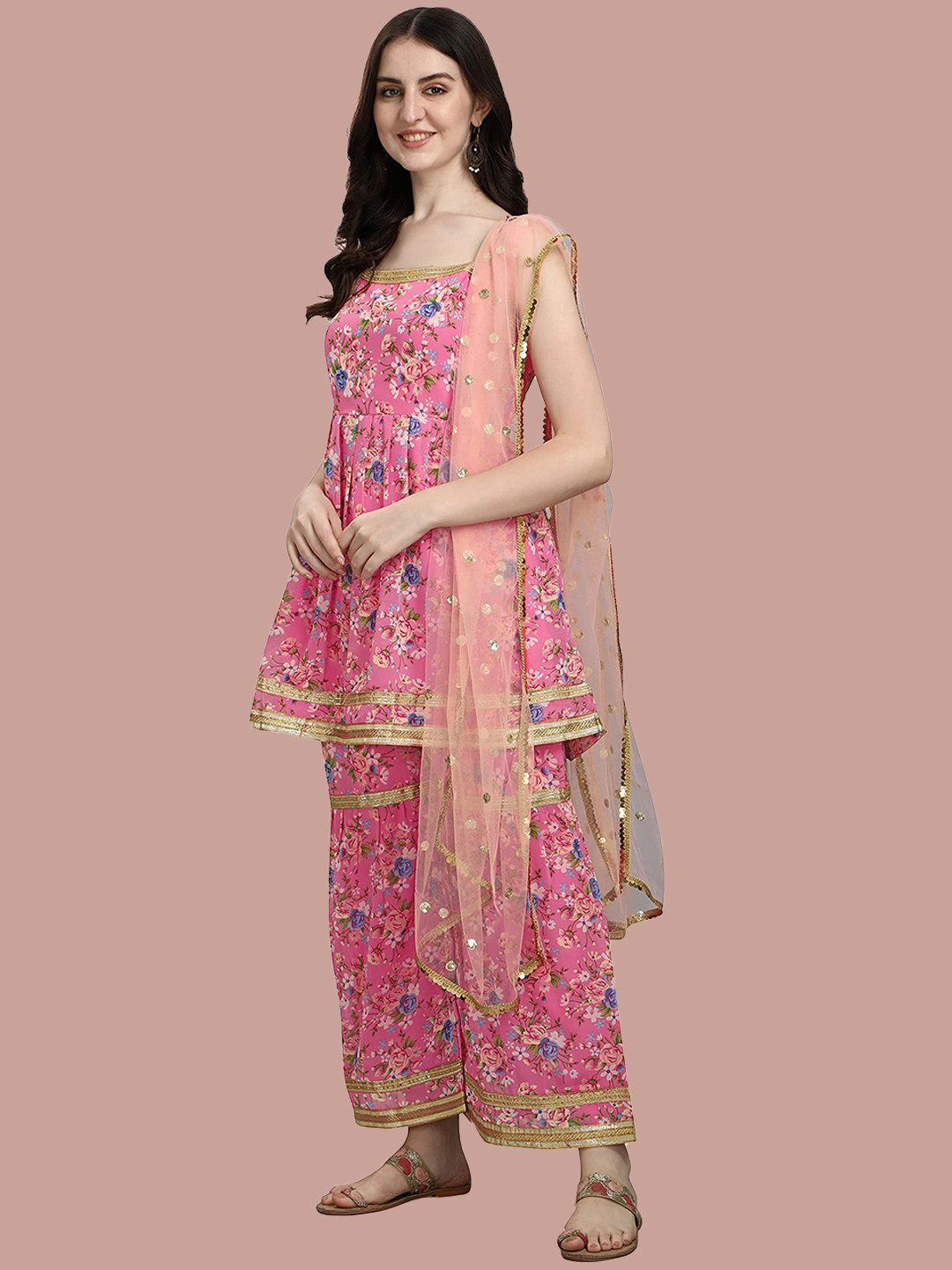 

KALINI Floral Printed Gotta Patti Kurti With Sharara & Dupatta, Pink