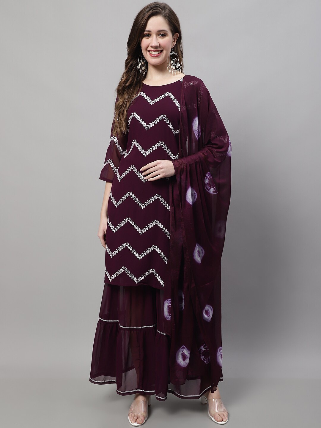 

KALINI Chevron Embroidered Regular Kurta With Sharara & Dupatta, Purple