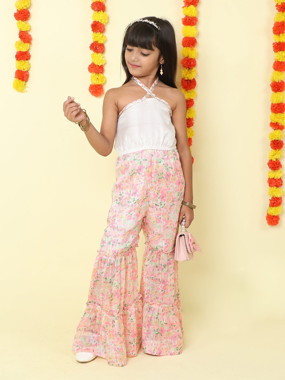 

taffykids Girls Halter Neck Floral Printed Basic Jumpsuit, Pink